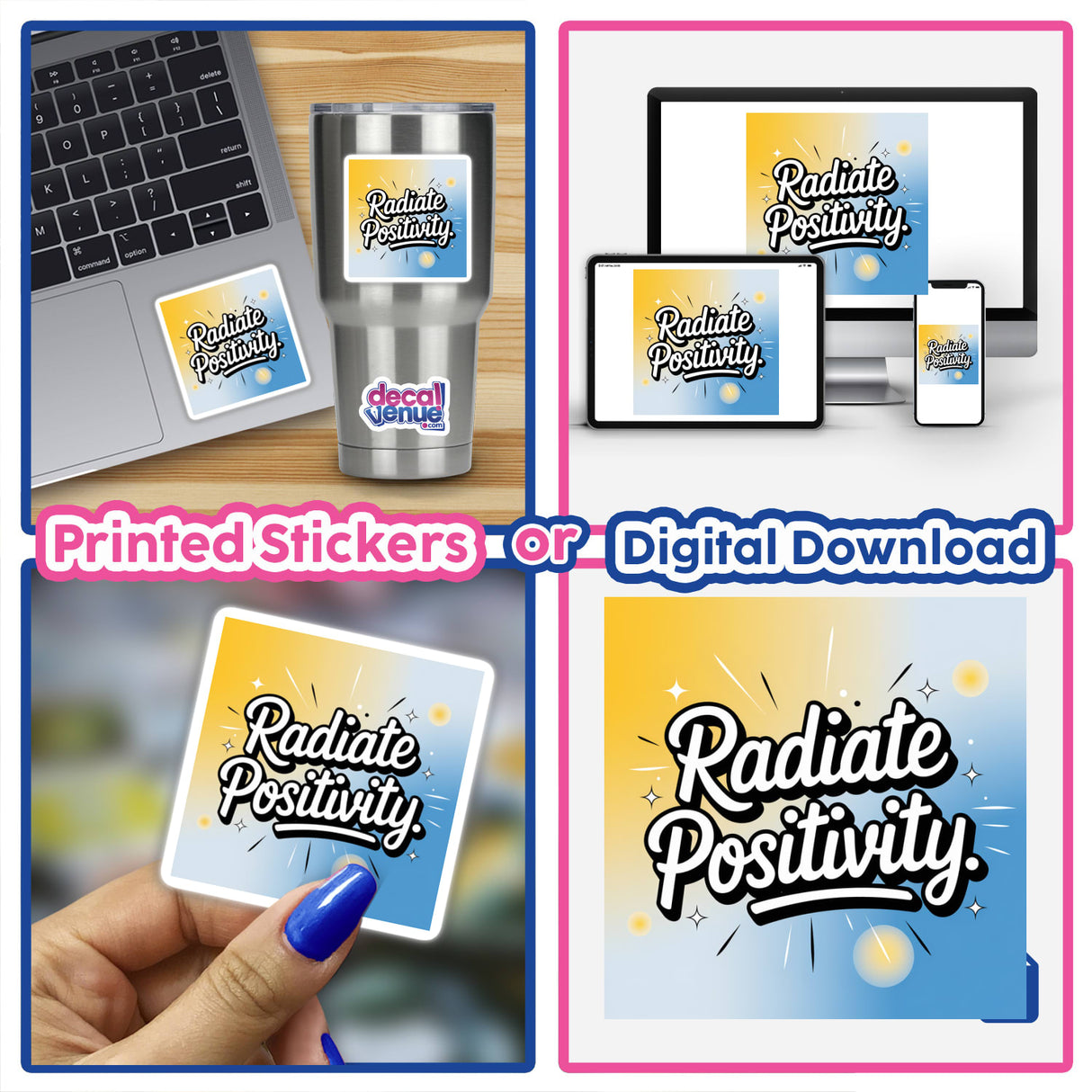 Collage showcasing various laptops and devices featuring the Radiate positivity design, available as stickers or digital artwork at Decal Venue, emphasizing unique vinyl creations.