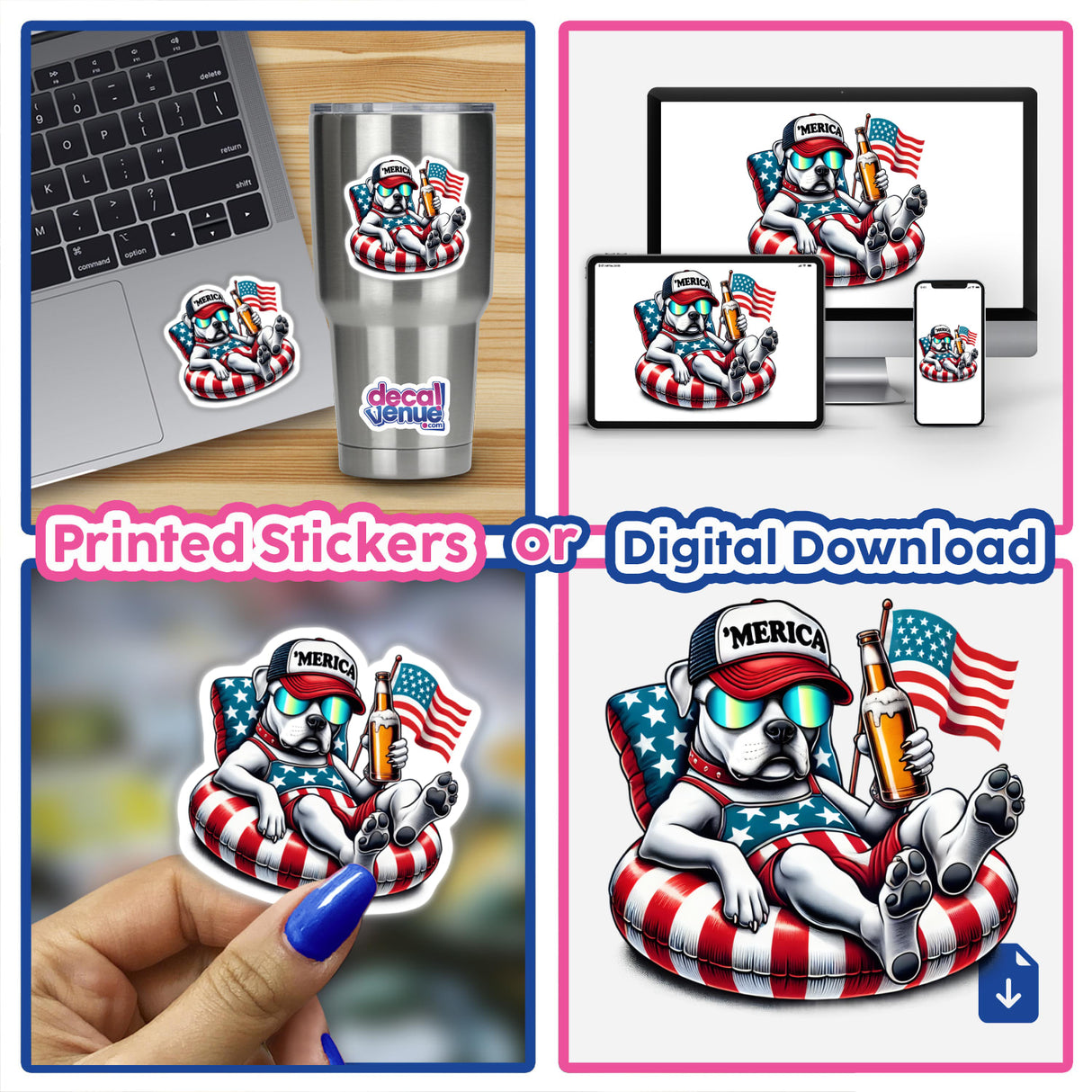 Pit Bull Terrier American Flag Float Merica collage: dog on laptop, close-up of finger, dog stickers, hand holding sticker, dog on float, silver cup with dog. Available as Stickers or Digital Artwork.