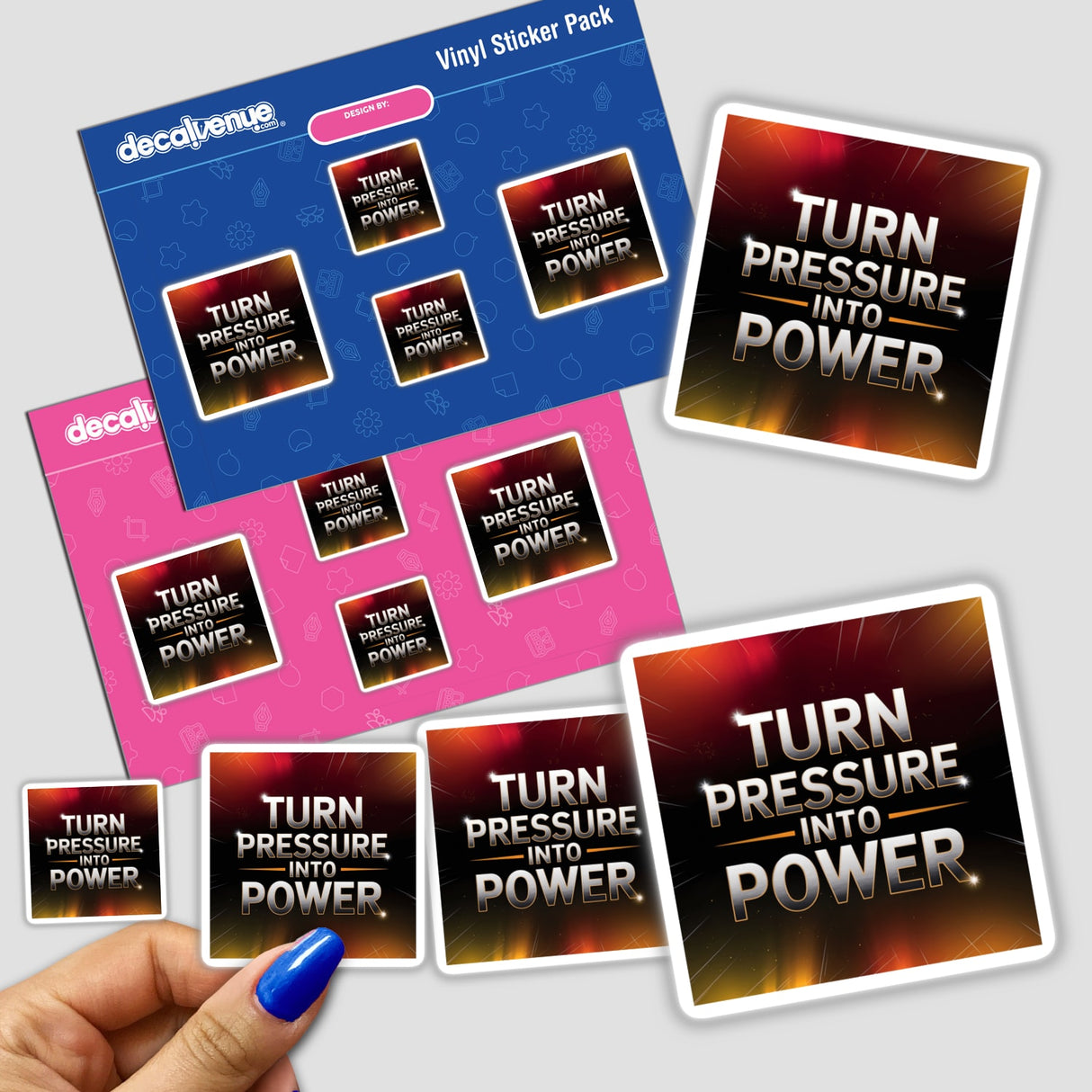 Hand holding 'Turn pressure into power' sticker pack, showcasing detailed design elements. Available as unique stickers or digital artwork from Decal Venue.