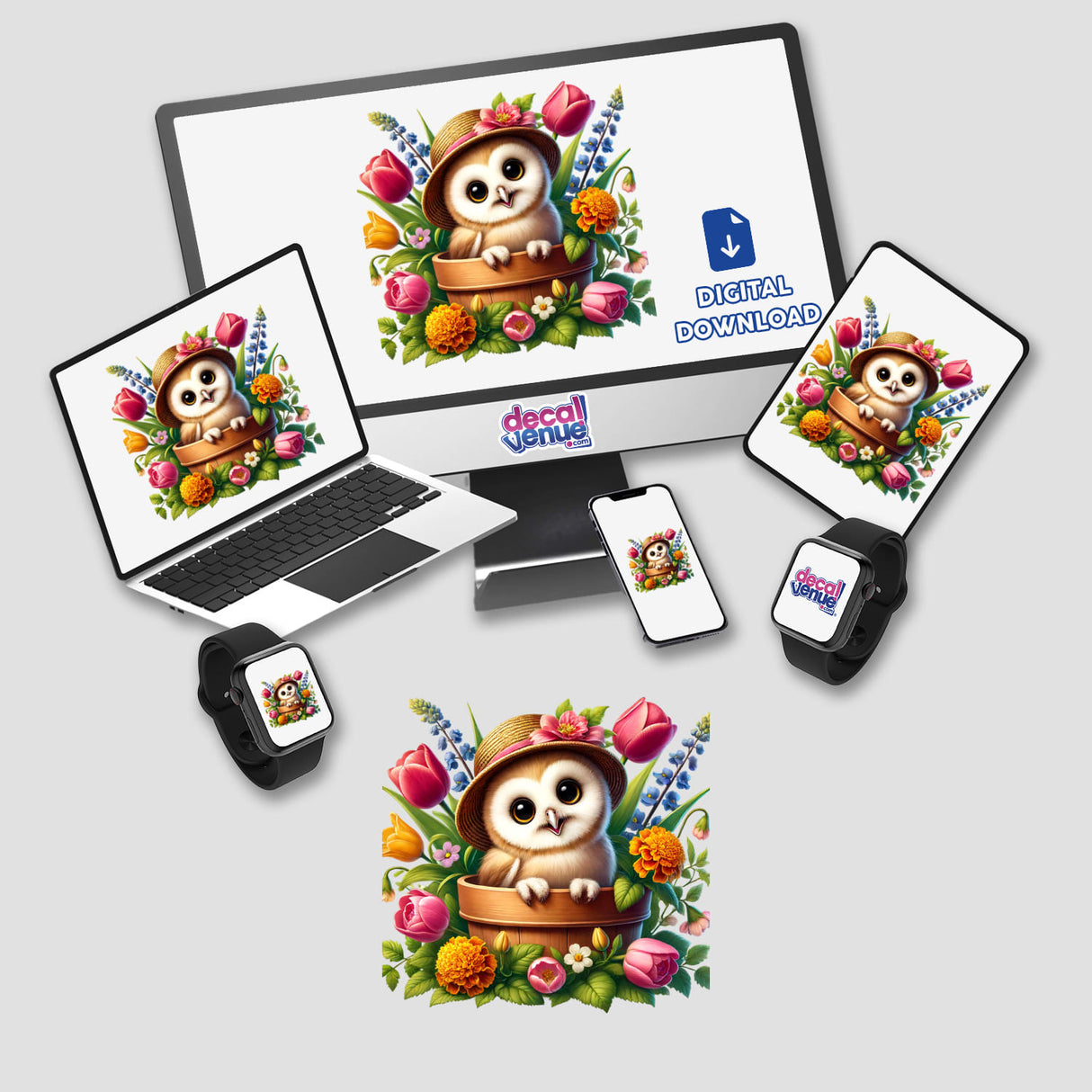 Owl with Hat Peeking Out of Flower Pot