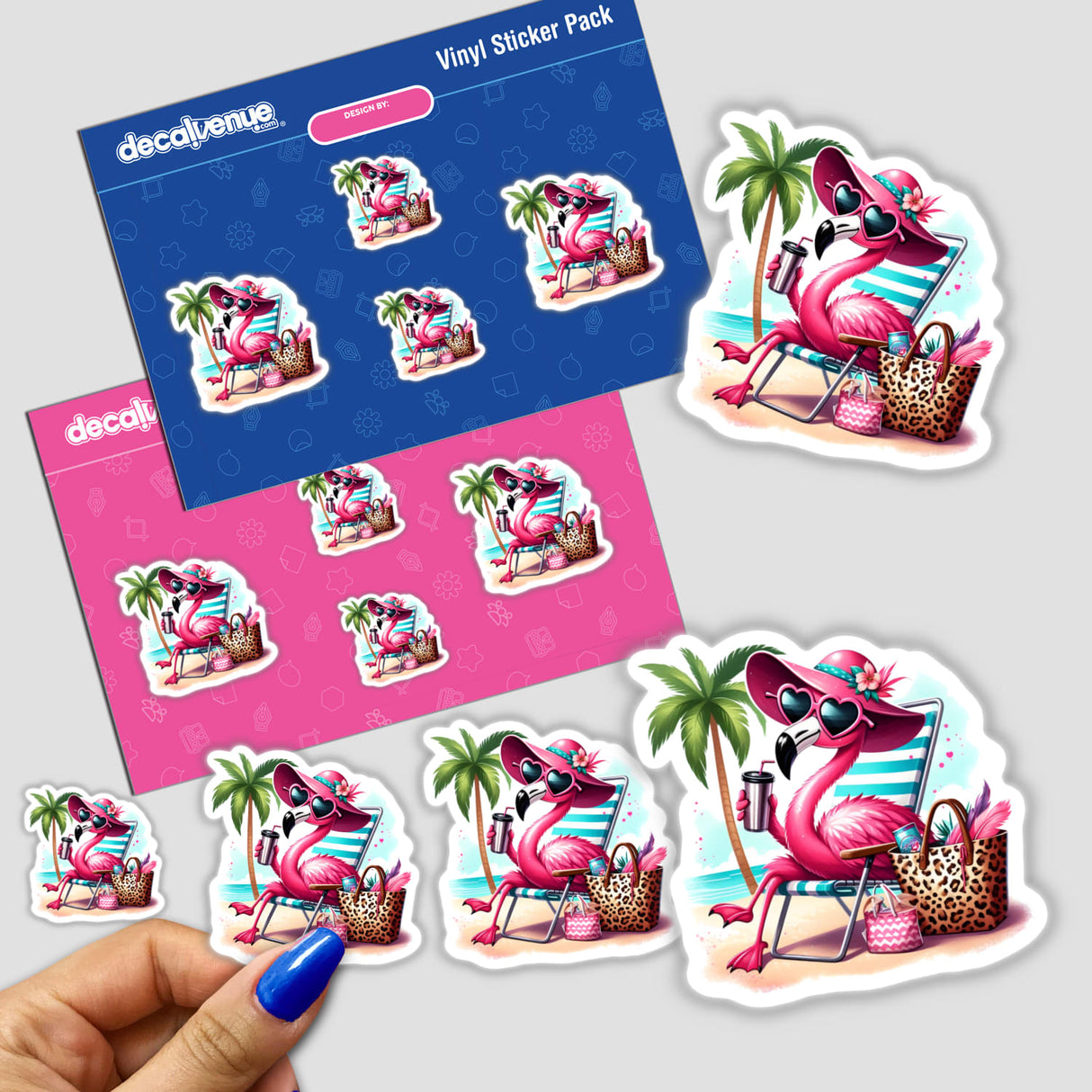 Sassy Leopard Accent Flamingo Bird at Beach II sticker pack featuring a cartoon flamingo lounging on a beach chair, surrounded by playful tropical elements, available as vinyl stickers or digital artwork.