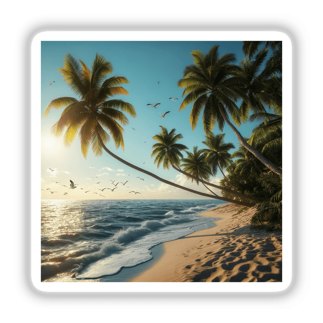 Golden Coast Seagulls Over Tropical Beach showcases birds soaring above palm trees on a serene beach, available as stickers or digital artwork from Decal Venue, specializing in unique vinyl stickers and digital art.