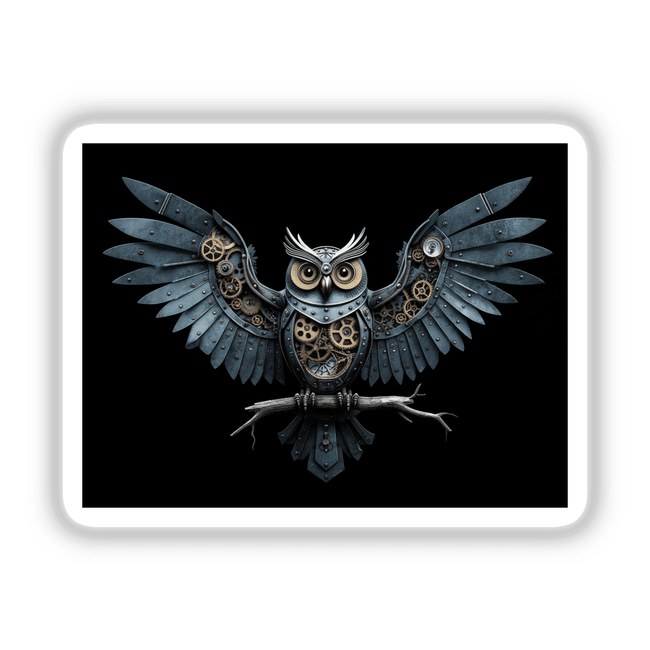 Steampunk Owl with Mechanical Wings and Intricate Gears, showcasing a metal owl adorned with gears, perfect as stickers or digital artwork from Decal Venue, known for unique vinyl and digital designs.