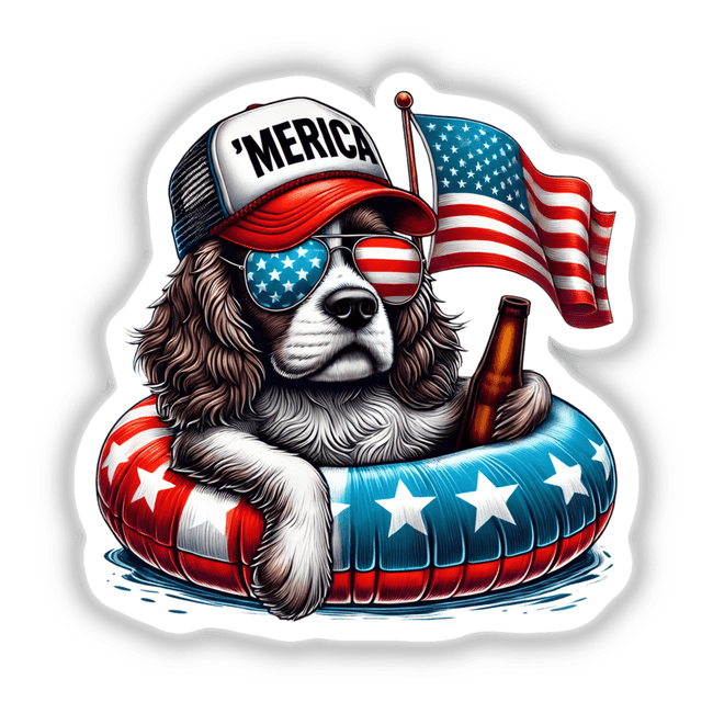 Cocker Spaniel wearing a hat and sunglasses, holding an American flag and beer, floating. Available as stickers or digital artwork. Product title: Cocker Spaniel American Flag Float Merica.