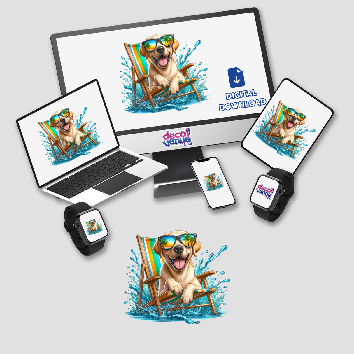 Peeking Lab Sitting in Beach Chair - digital artwork featuring a cartoon Labrador wearing sunglasses in a chair, viewable on devices like a monitor, laptop, and smartwatch. Available as stickers or digital art.