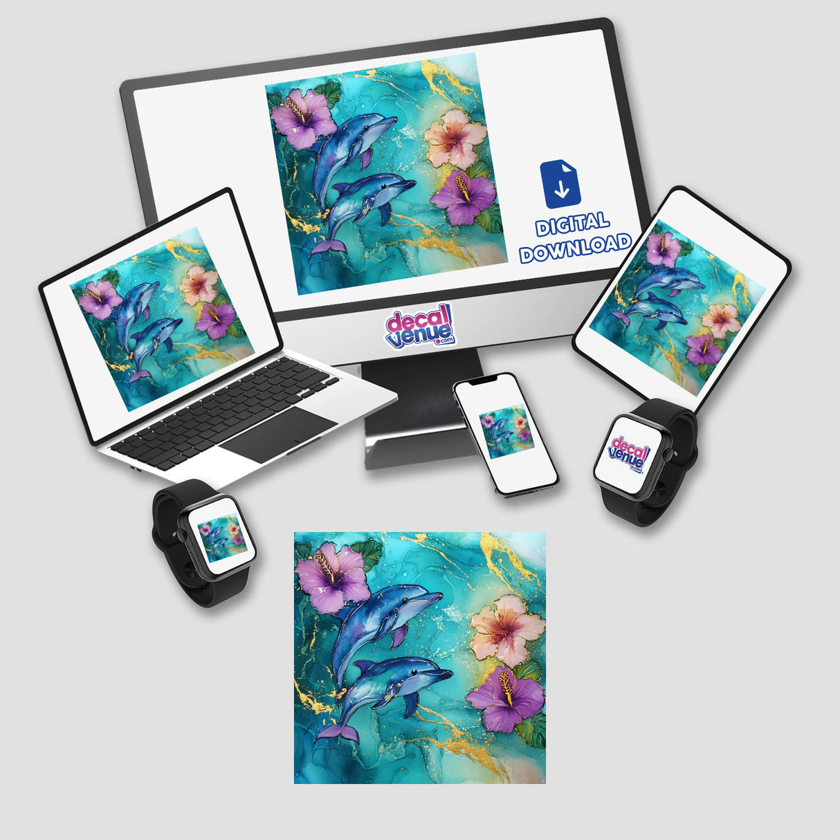 Ocean Scene with Dolphins and Hibiscus Flowers depicted on multiple screens, highlighting its availability as stickers or digital artwork from Decal Venue, known for unique vinyl stickers and digital art.