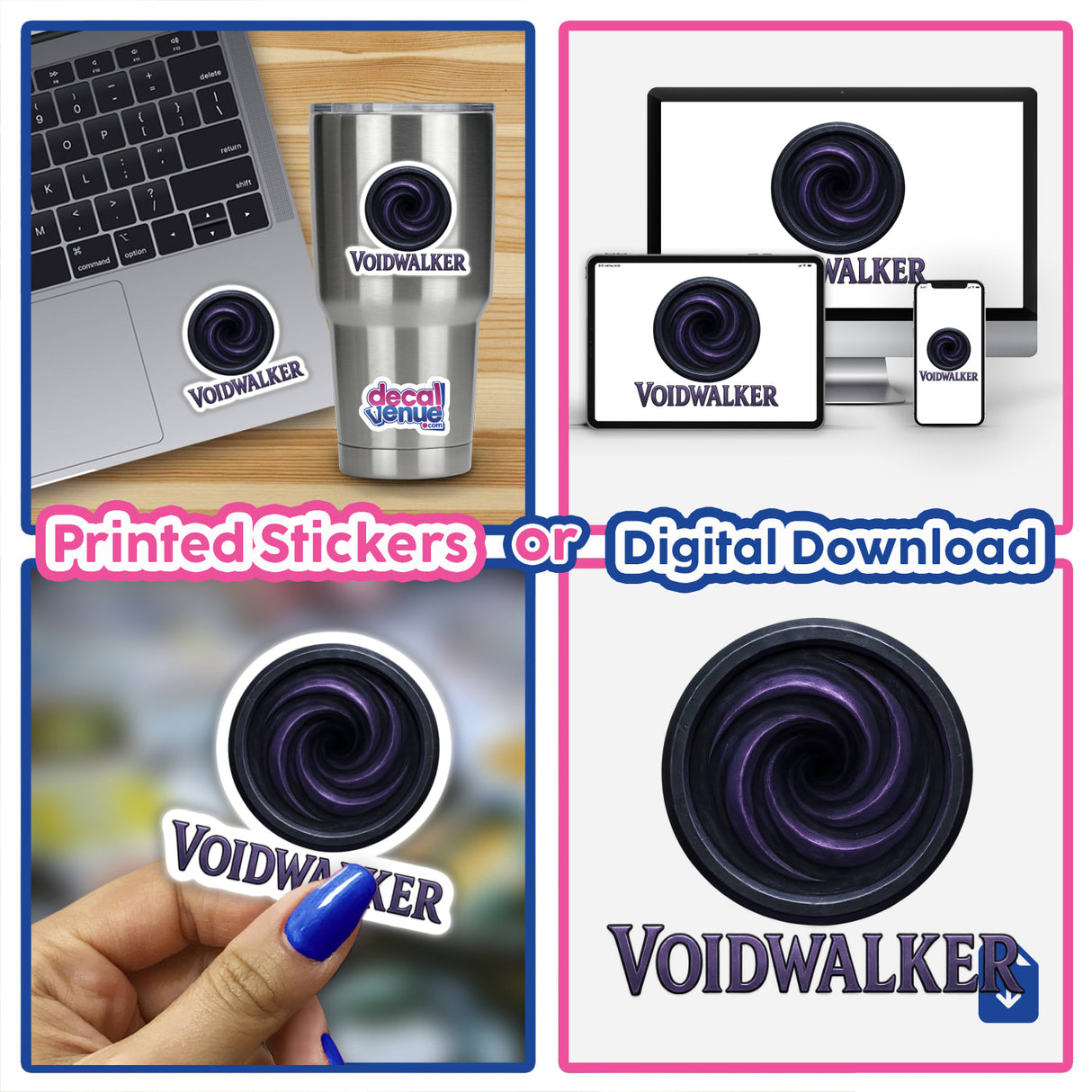 Voidwalker – RPG-Style Skill Badge features a dark silver vortex emblem, ideal as a sticker or digital artwork, showcasing intricate design suitable for unique vinyl collections from Decal Venue.