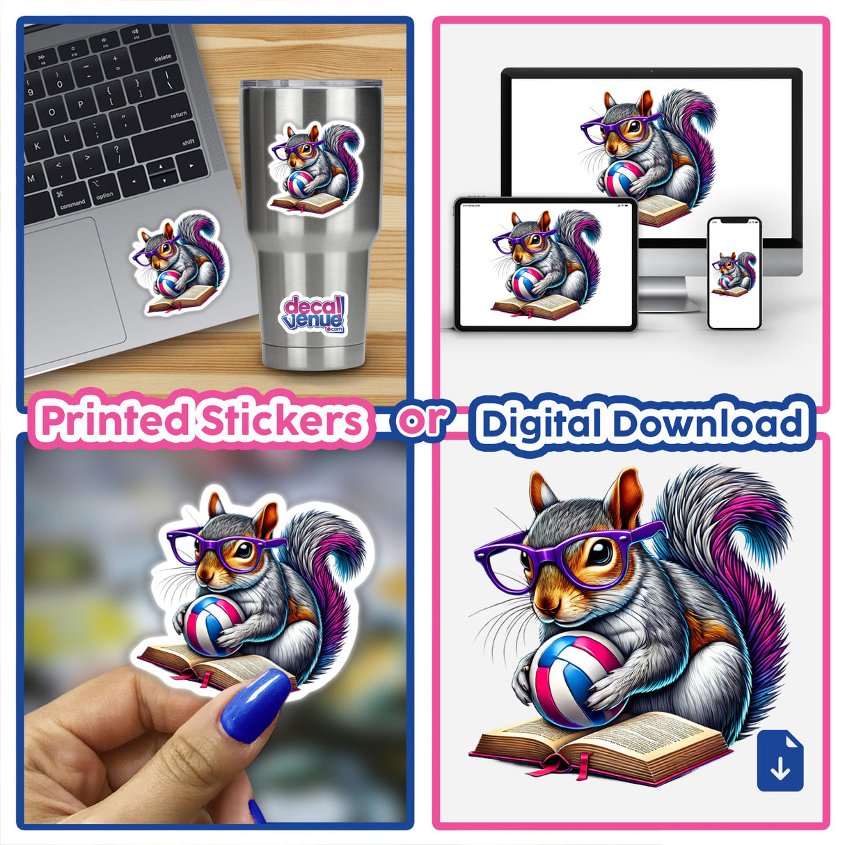 Squirrel Reading a Book with Purple Glasses and Volleyball sticker, featuring a cartoon squirrel in glasses holding a ball and book, available as both vinyl stickers and digital artwork.