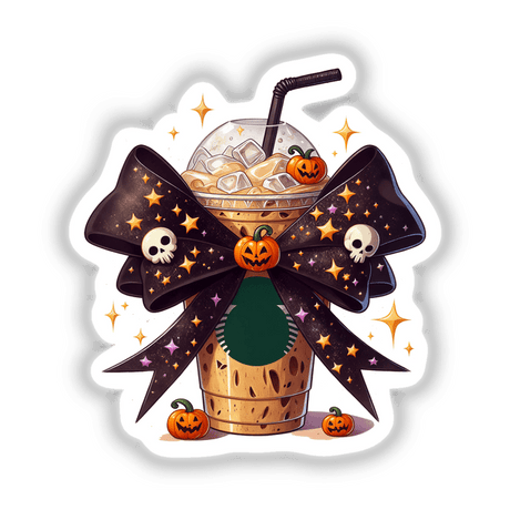 Cartoon of a Pumpkin Spice Halloween Coquette Bow featuring a drink with ice cubes, a bow, and pumpkins, available as stickers or digital artwork.