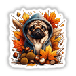 Autumn Pug Dog in Cozy Sweater: A pug wearing a hoodie, surrounded by autumn leaves and nuts. Available as Stickers or Digital Artwork from Decal Venue.