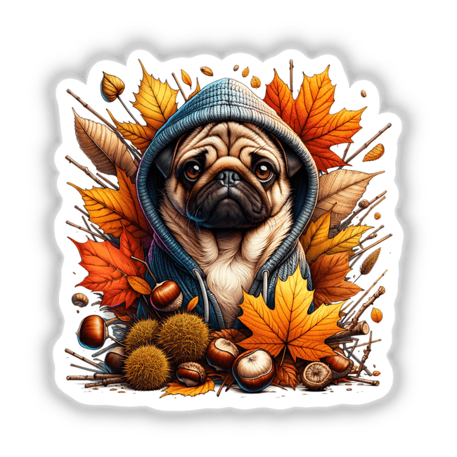 Autumn Pug Dog in Cozy Sweater: A pug wearing a hoodie, surrounded by autumn leaves and nuts. Available as Stickers or Digital Artwork from Decal Venue.