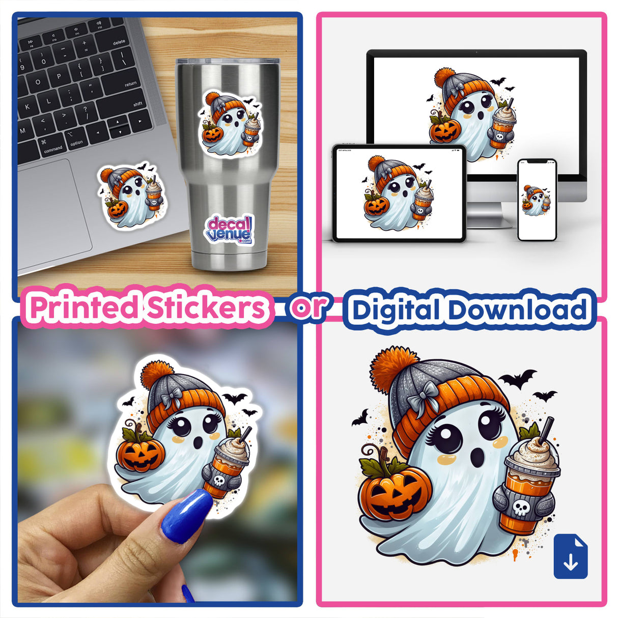 Collage featuring a Cute Orange Beanie Pumpkin Spice Ghost sticker on a laptop, a sticker on a cup, and a close-up of a hand holding the same cartoon ghost sticker.
