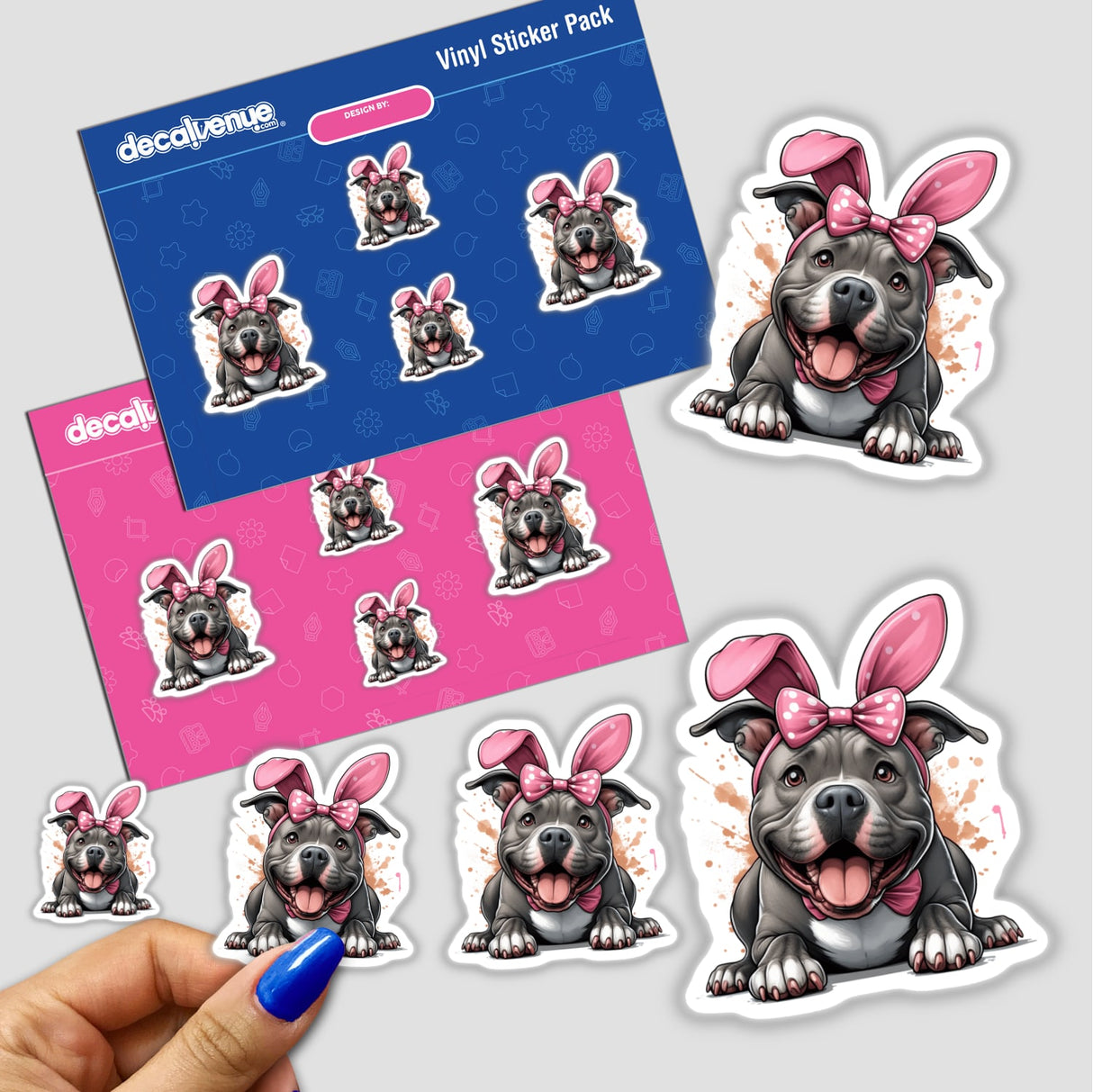 Happy Easter Bunny Pitbull Dog stickers featuring cartoon dogs with pink bows and headbands, available as unique vinyl stickers or digital artwork from Decal Venue.