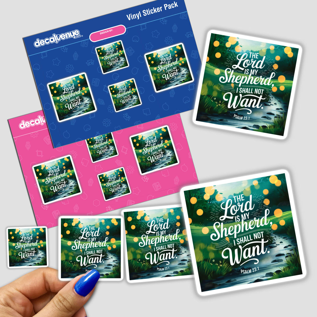 Sticker pack featuring Psalm 23:1 The Lord is my shepherd, I shall not want, held in a hand, showcasing intricate designs ideal for faith-inspired decoration or digital art.