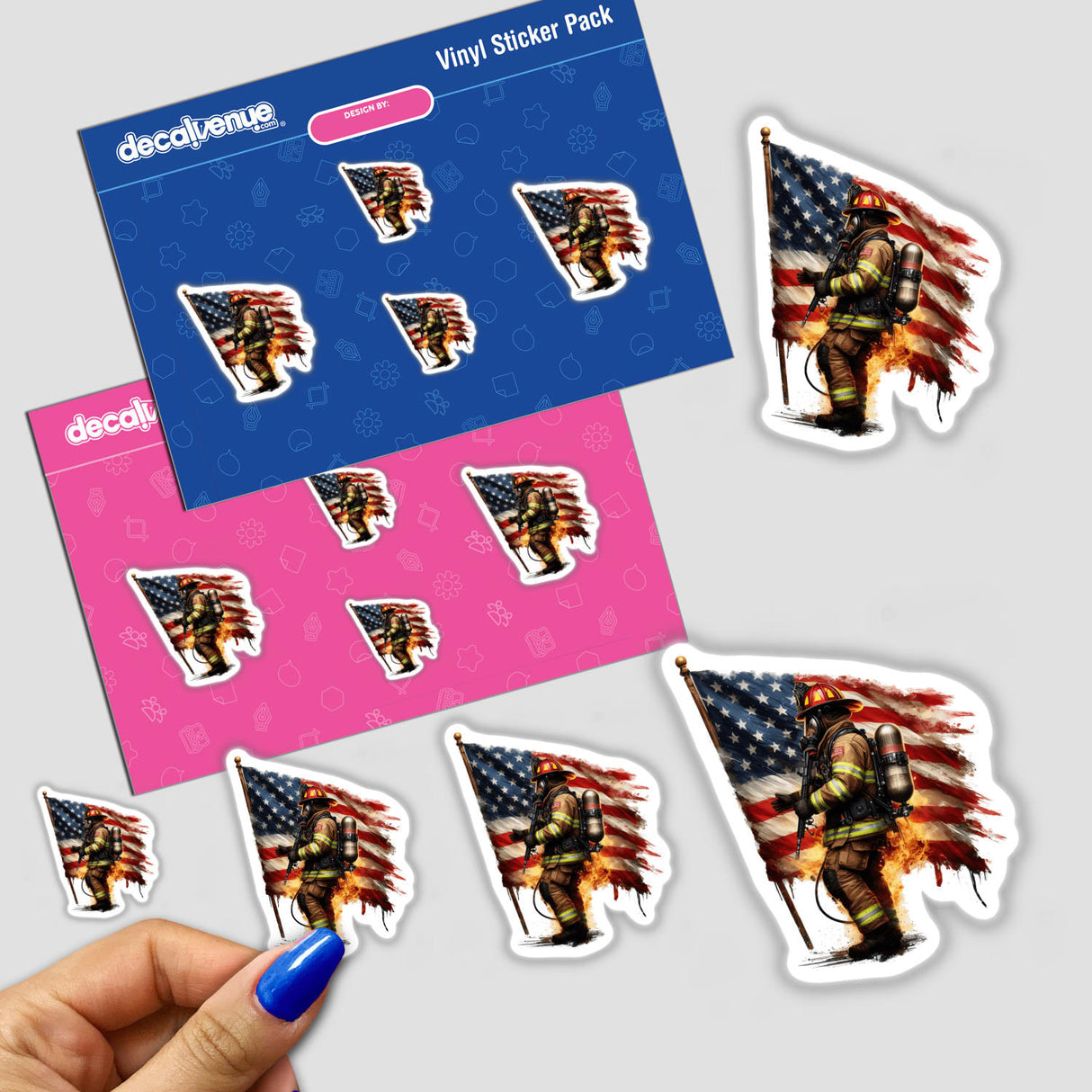 Patriotic American flag-themed firefighter vinyl stickers on display in a product pack from Decal Venue, a store that offers unique stickers and digital art for self-expression.