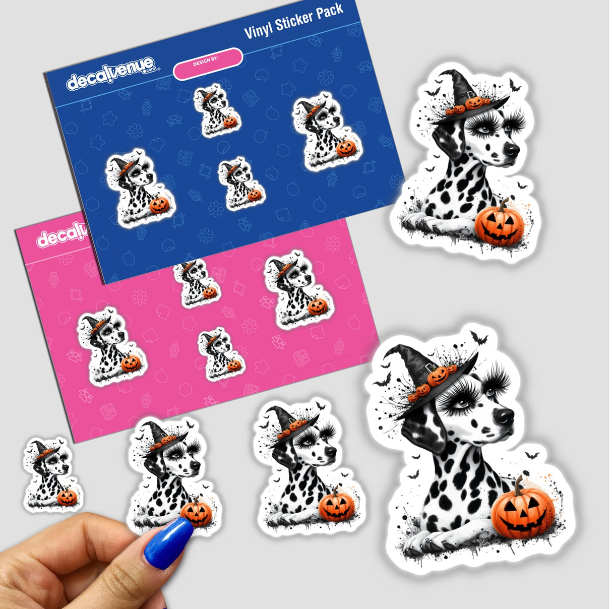 Sticker pack titled Halloween Dalmatian Dog Pumpkin Splatter, featuring a playful dalmatian wearing a hat, surrounded by Halloween-themed illustrations. Available as both physical stickers and digital artwork.