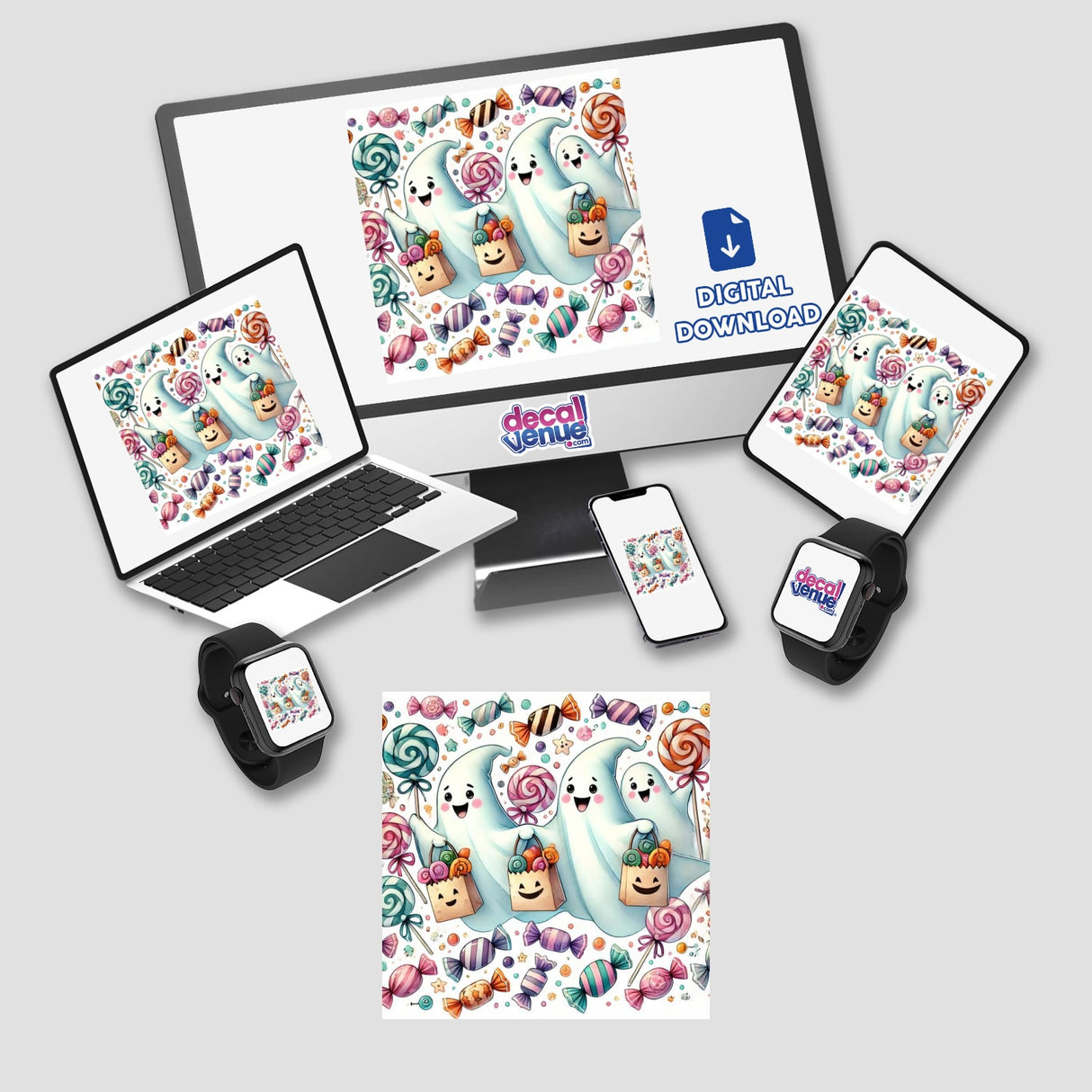 Trick-or-Treat - Ghosts and Candy Watercolor: A computer monitor and laptop display cartoon ghosts and candy, available as stickers or digital artwork.