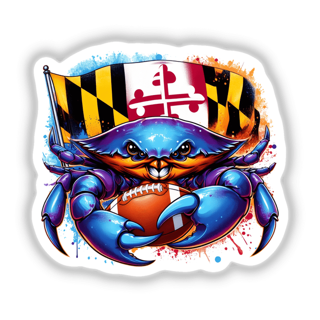 Maryland Crab Football Splatter: A cartoon crab energetically holds a football and flag, available as unique stickers or digital artwork from Decal Venue.