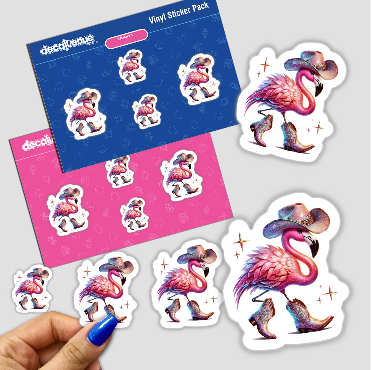 Glitter Flamingo in Cowboy Hat and Boots available as stickers or digital artwork, featuring a whimsical flamingo wearing a cowboy hat and boots, embodying Decal Venue's unique vinyl and digital art style.