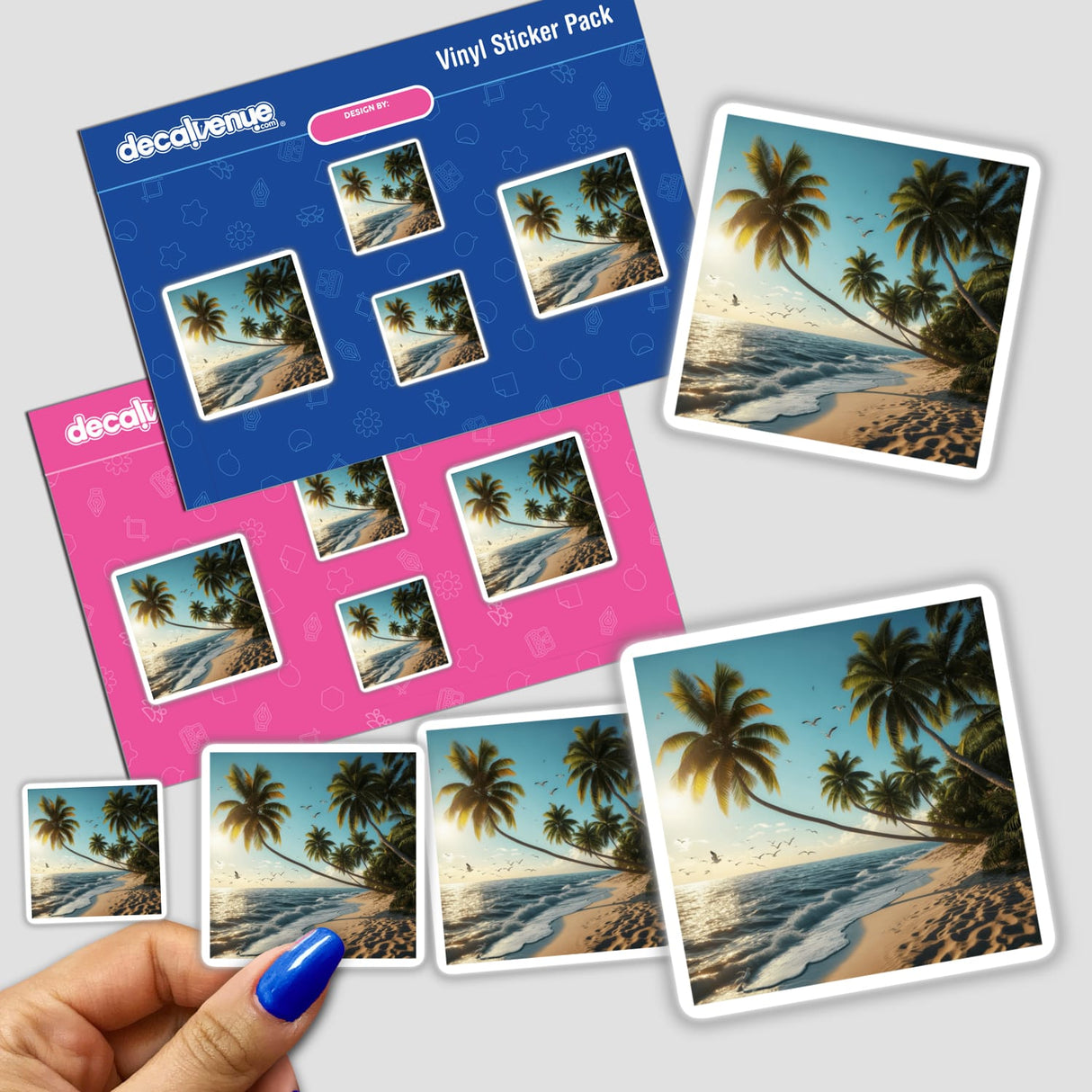 Golden Coast Seagulls Over Tropical Beach sticker pack features palm trees and birds in a seaside scene, captured in a hand, offered as unique vinyl stickers or digital artwork from Decal Venue.