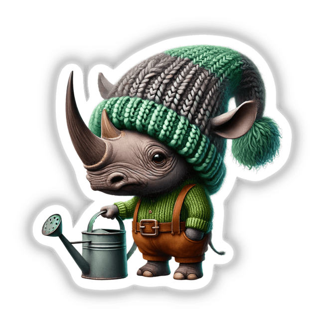 Rhino Gnome with Watering Can: Cartoon rhinoceros wearing a hat, holding a watering can. Available as stickers or digital artwork from Decal Venue.