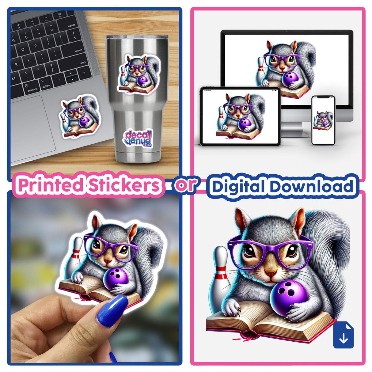 Squirrel Reading a Book with Purple Glasses and Bowling Ball depicted in a whimsical cartoon style, available as a sticker or digital artwork from Decal Venue.