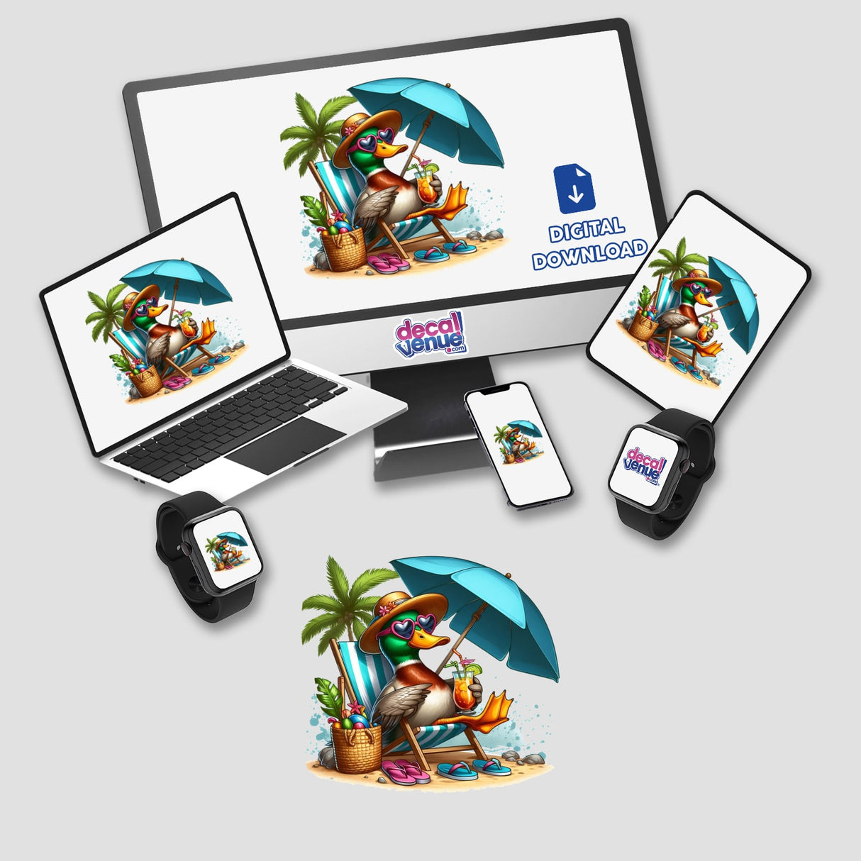 Mallard Duck Sitting in Beach Chair displayed on a computer monitor and laptop, featuring a cartoon duck relaxing with a drink. Available as stickers or digital artwork from Decal Venue.