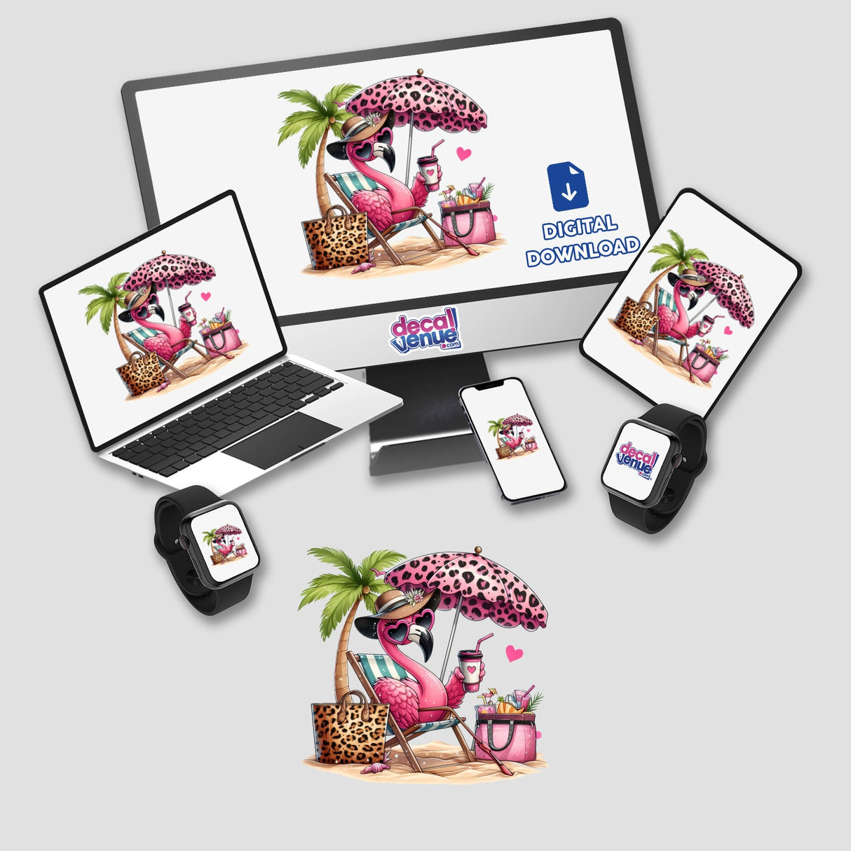 Sassy Flamingo Sitting Under Pink Leopard Beach Umbrella, displayed on a computer monitor and laptop screen, featured as a vibrant sticker or digital artwork from Decal Venue.