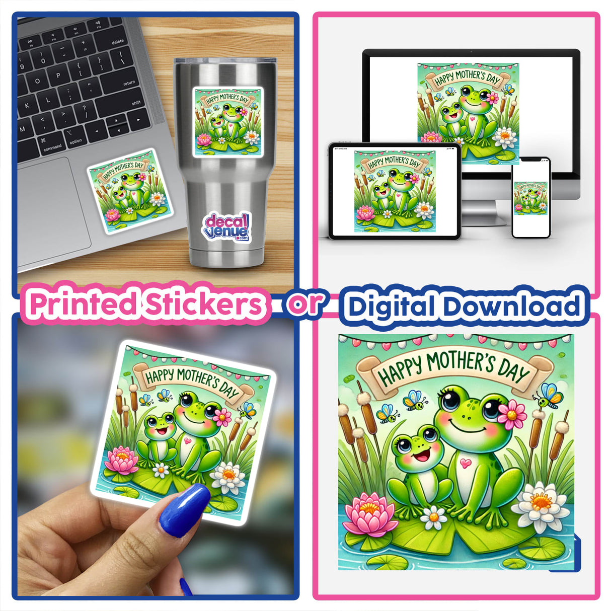 Happy Mothers Day with Frogs and Flowers on Lily Pad, available as stickers or digital artwork, featuring whimsical frogs and vibrant flowers, perfect for unique gift decorations or digital designs.