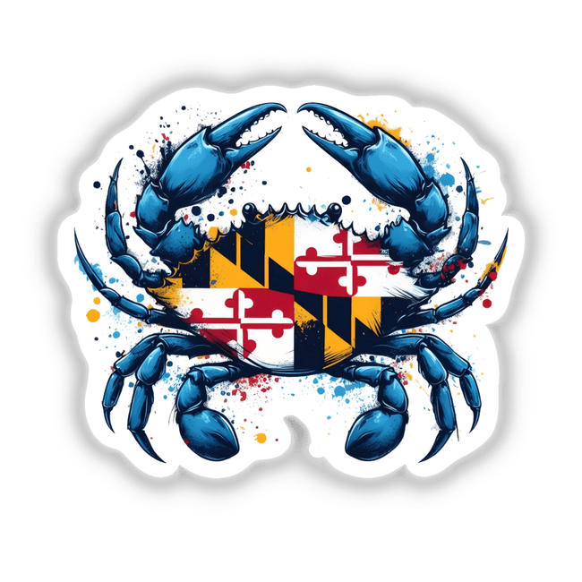 Maryland Flag Crab Splatter II: A blue crab graphic with a red and white flag, available as stickers or digital artwork, capturing unique marine-themed art from Decal Venue.