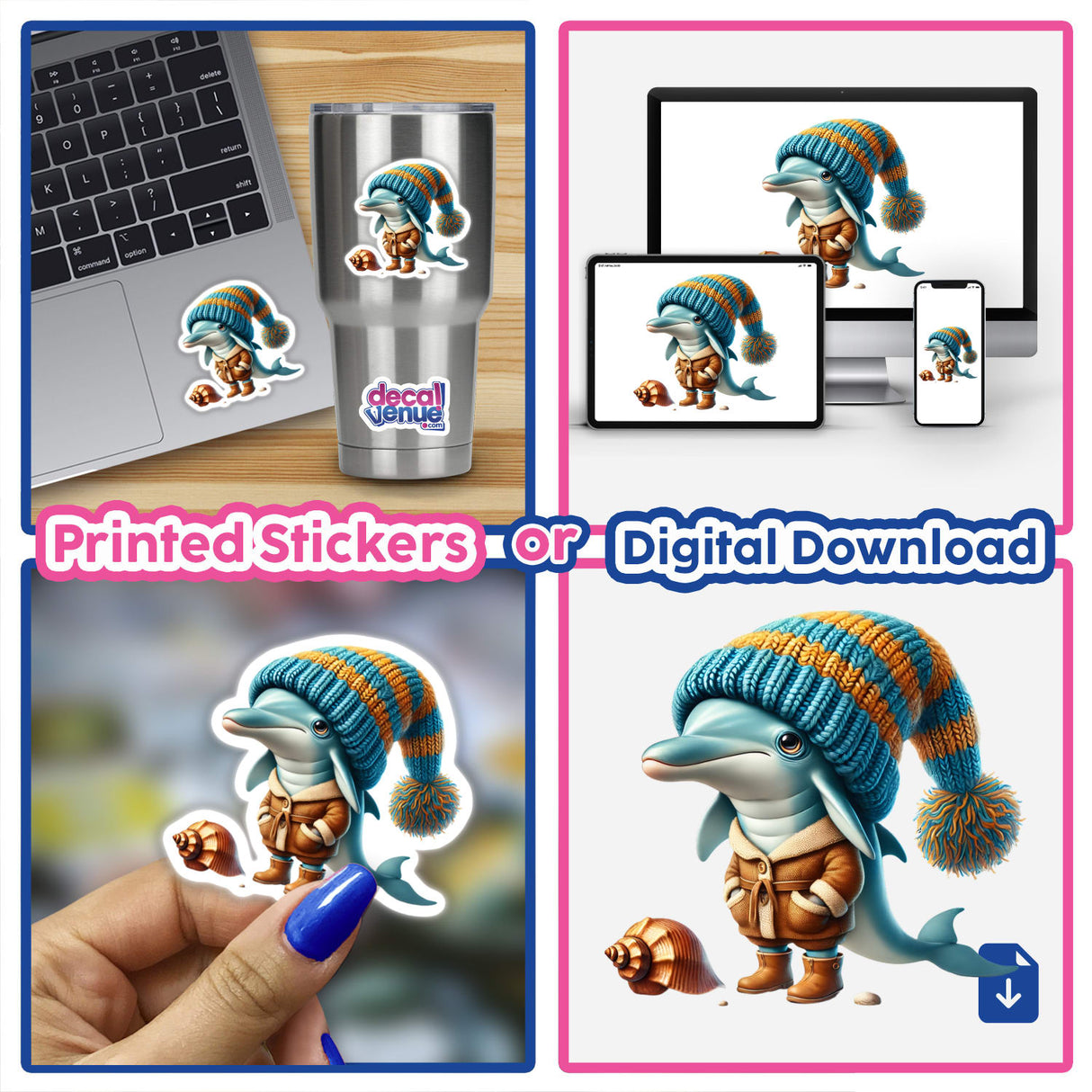 Collage of Dolphin Gnome with Seashell stickers and digital artwork, featuring cartoon dolphins in various poses and outfits, including a dolphin with a hat and boots.