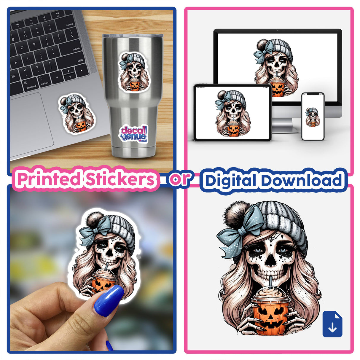 Collage of Pumpkin Spice and Everything Nice Skeleton Mama featuring a laptop with a sticker and a woman wearing a beanie holding a drink. Available as stickers or digital artwork.
