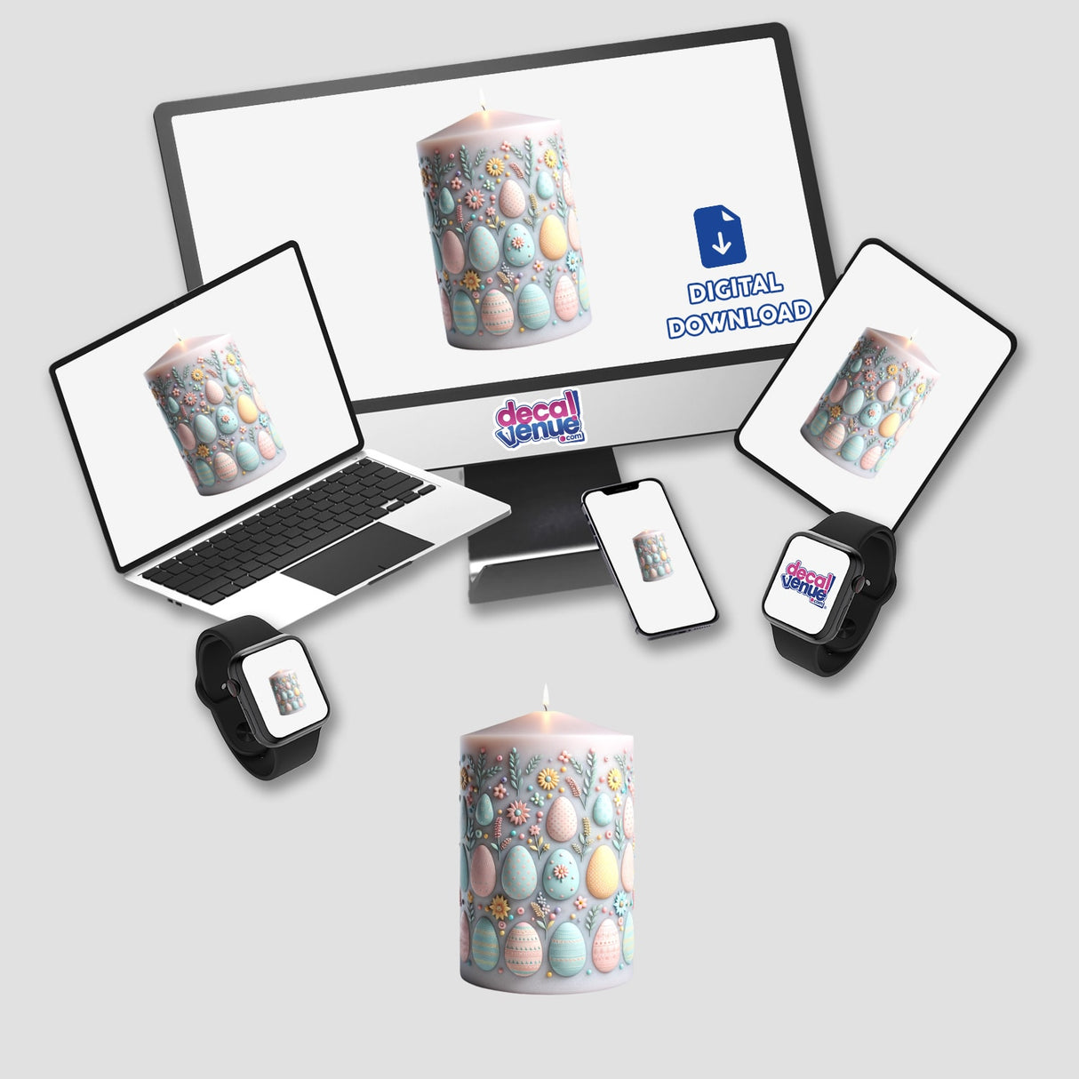 Easter Decorated Candle with Egg Designs featured on computer and laptop screens, showcasing unique digital artwork available as stickers or digital art from Decal Venue.