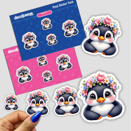 Adorable Penguin with a Spring Flower Crown stickers, featuring cute penguins adorned with vibrant flower crowns, perfect for planners, laptops, or walls, adding charm and creativity.