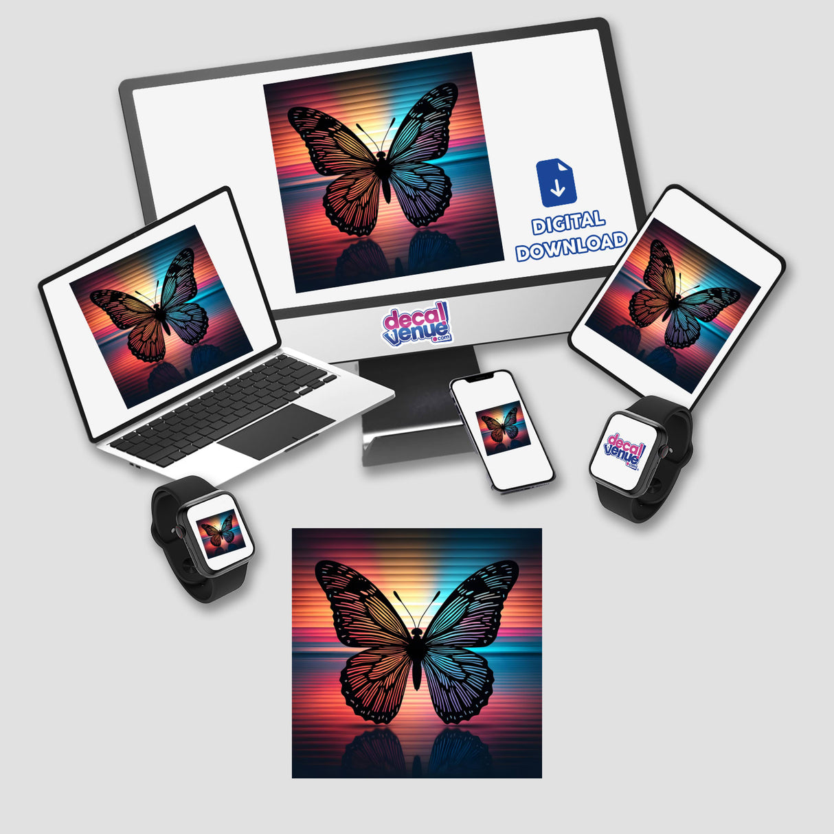 Butterfly Silhouette with Multi-Color Stripes displayed on a computer monitor and laptop, showcasing the vibrant design available as stickers or digital artwork from Decal Venue.