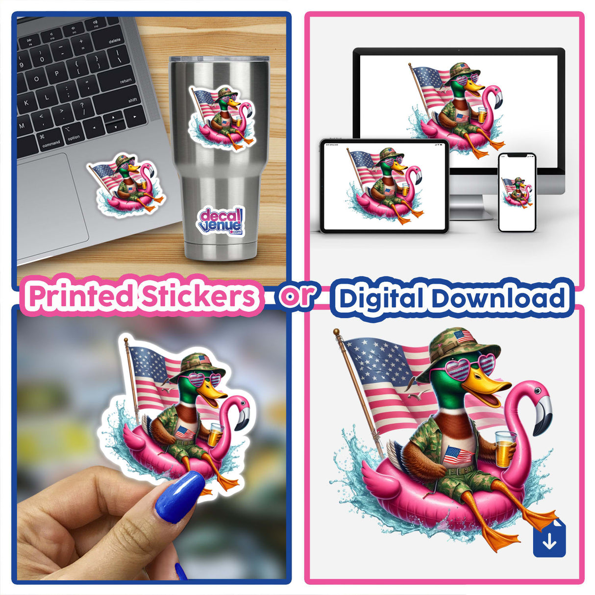 American Mallard Duck in Camo on Flamingo Float sticker, featuring a cartoon duck with sunglasses and a hat lounging on a pink flamingo, available as a vinyl sticker or digital artwork.