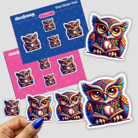 Owl in Reading Glasses with Open Book and Baseball sticker, featuring a whimsical owl reading, perfect for adding charm to notebooks or spaces. Ideal for book lovers and sports enthusiasts.