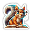 Squirrel With Reading Glasses Open Book: An illustration of a cartoon squirrel wearing glasses, engrossed in an open book. Available as stickers or digital artwork from Decal Venue.