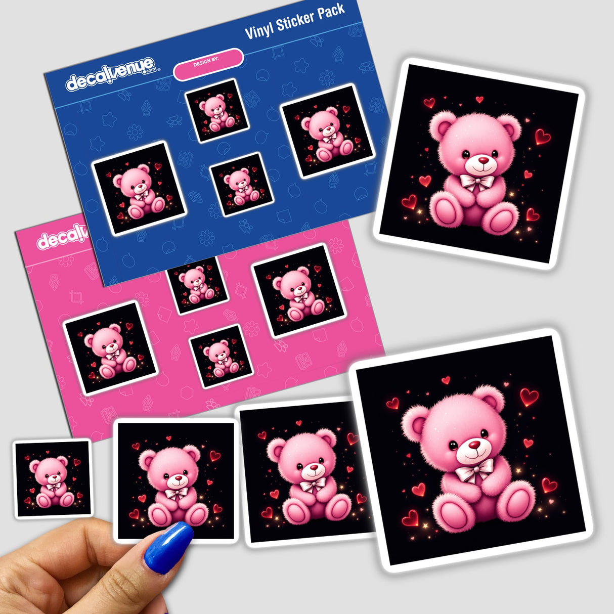 Pink Teddy Bear with White Bow and Red Hearts sticker, showcasing a cartoon-style design with hearts and stars, available as a sticker or digital artwork from Decal Venue.