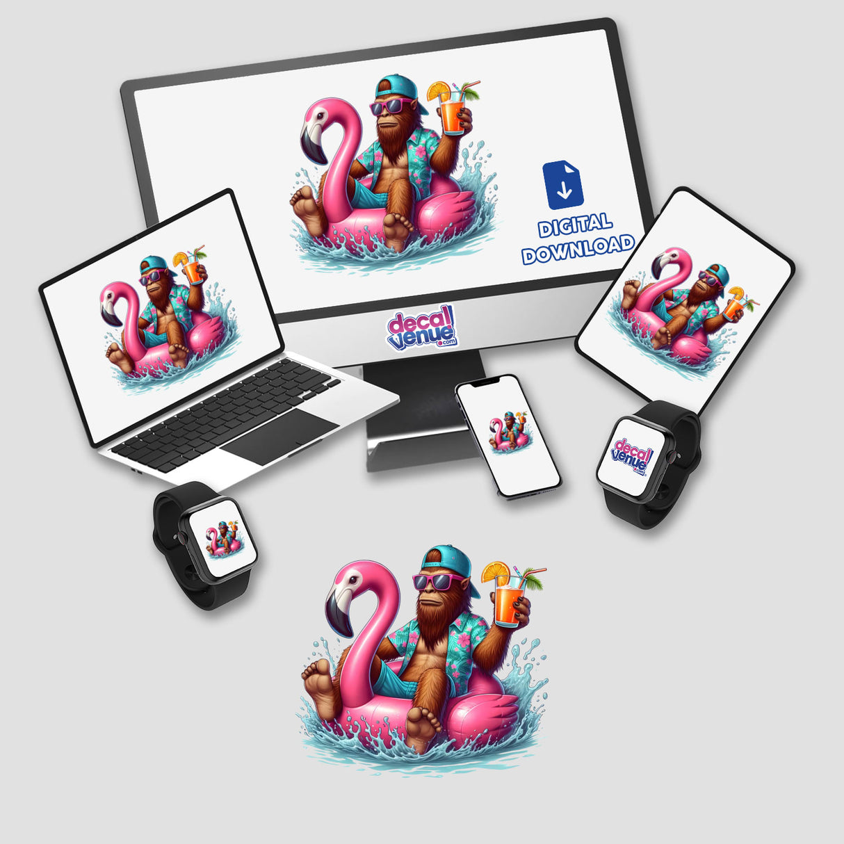 Sasquatch Floating in Flamingo Float II depicted on screens, showcasing a cartoon monkey on a flamingo float, available as stickers or digital artwork from Decal Venue.
