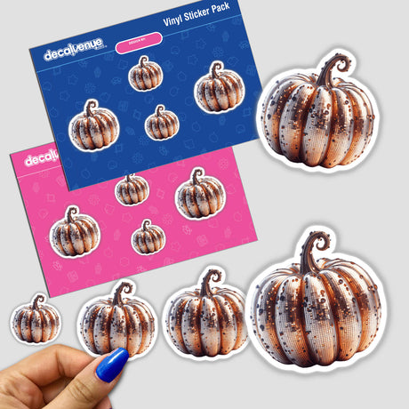 Hand holding a sticker pack labeled Shimmering Pumpkin, featuring shiny pumpkin designs.