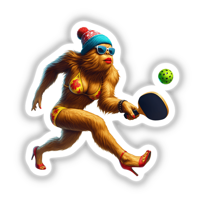 Female Bigfoot in Bikini and Heels Playing Pickleball, depicted in a surreal style, wearing a floral bikini, red sandals, beanie, sunglasses, poised with a paddle, available as stickers or digital artwork.