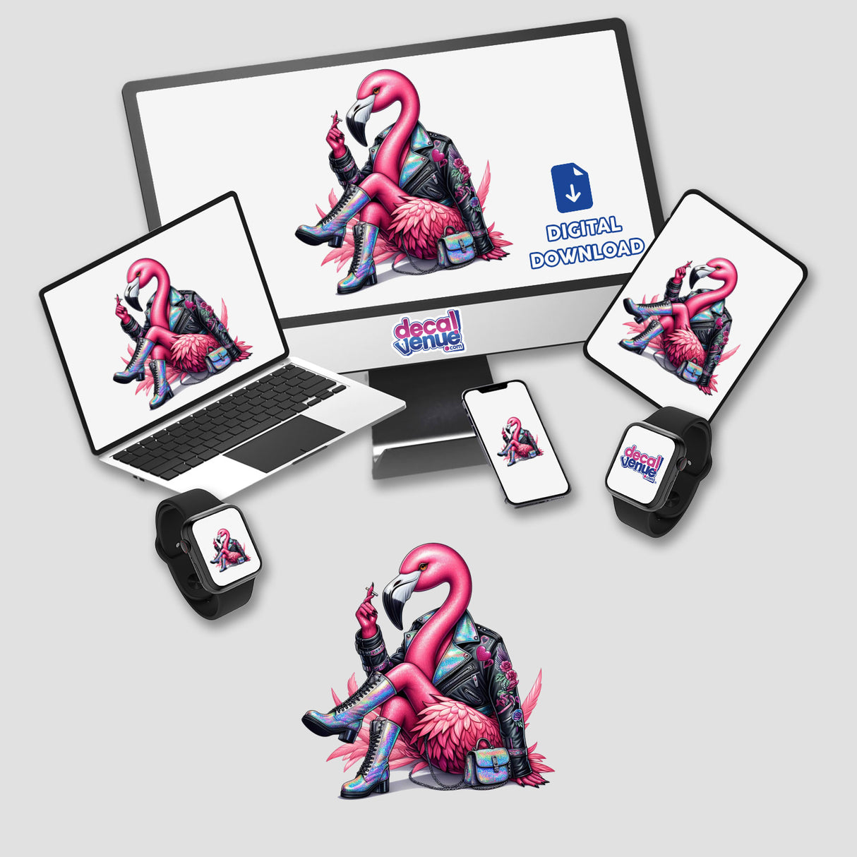 Flamingo Cool Biker Chic design, available as stickers or digital artwork, featuring a stylish flamingo in a biker outfit, embodying the unique vinyl art style of Decal Venue.