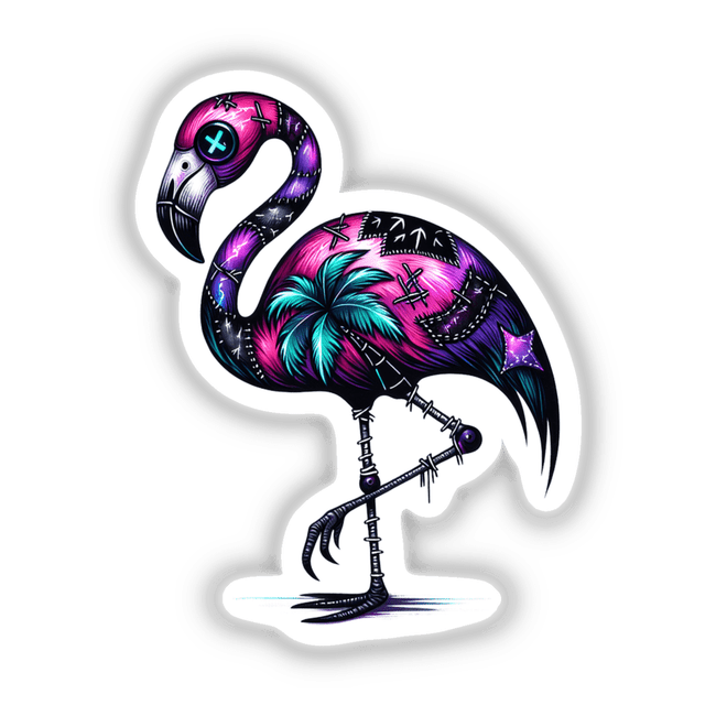 Gothic Flamingo sticker or digital artwork featuring a detailed illustration of a flamingo with palm trees, a blue X, and cartoonish elements.