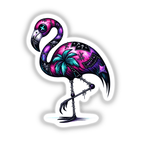Gothic Flamingo sticker or digital artwork featuring a detailed illustration of a flamingo with palm trees, a blue X, and cartoonish elements.