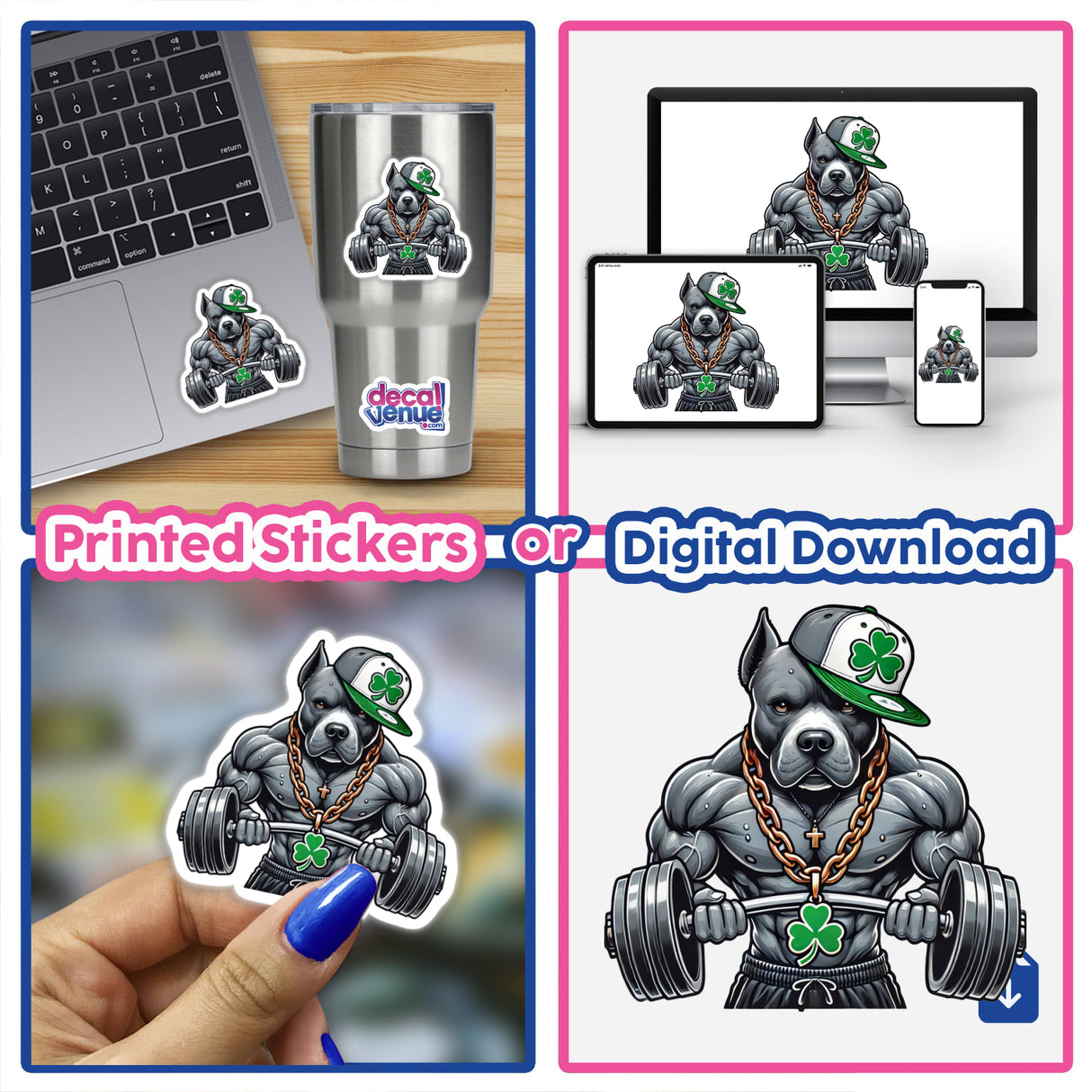 Irish Hip Hop Gym Pitbull transparent sticker featuring a cartoon dog lifting weights, displayed on a laptop and silver cup, available as stickers or digital artwork.