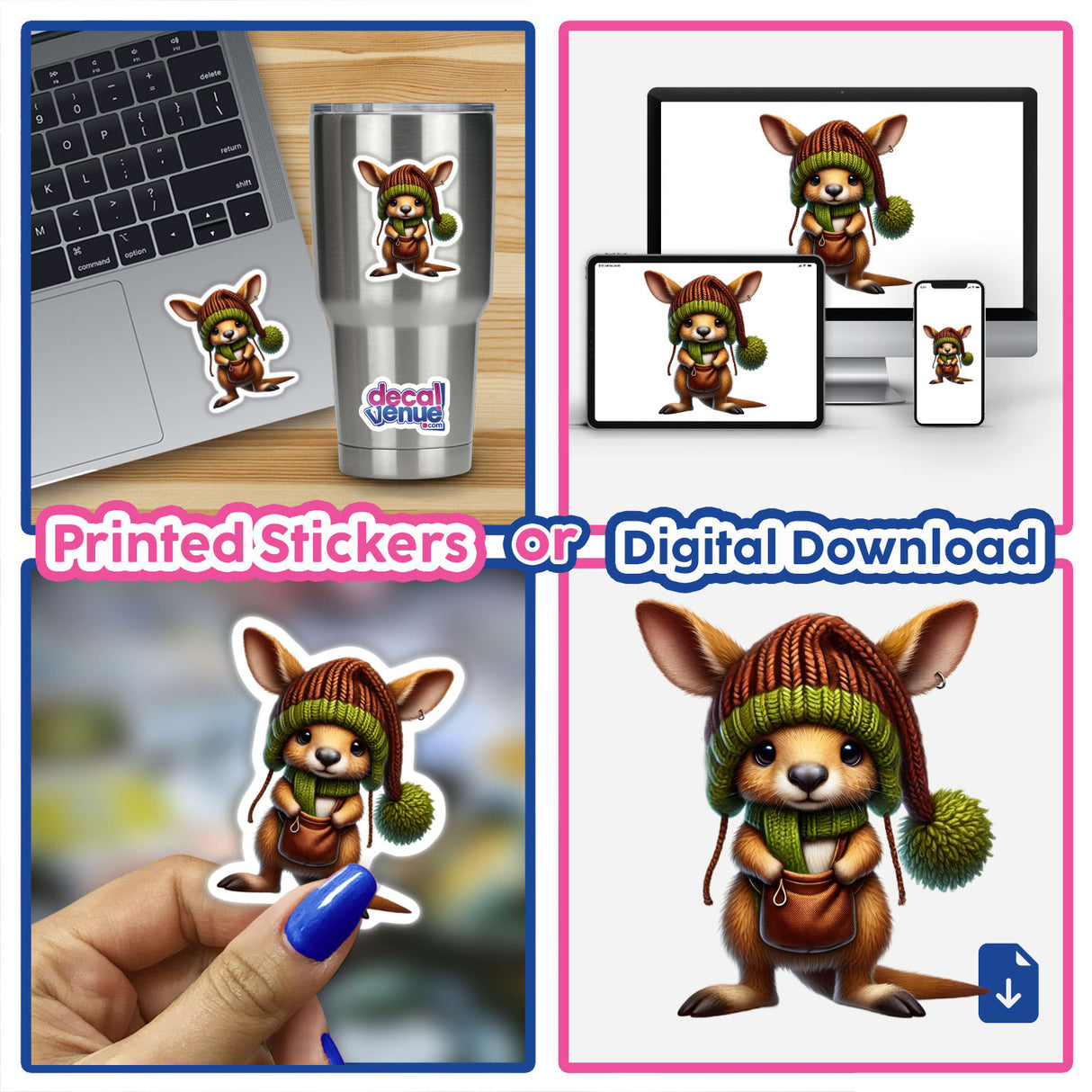Collage featuring Kangaroo Gnome with Pouch, showcasing a cartoon kangaroo in a hat and scarf, available as stickers or digital artwork. Includes drawings and decals on cups and laptops.