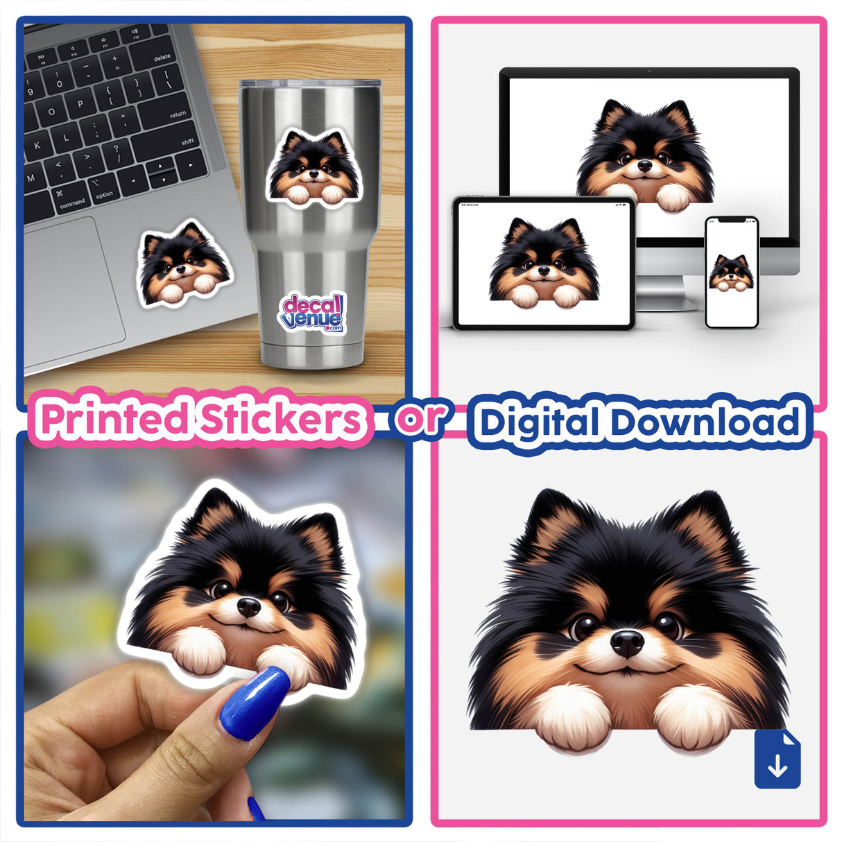 Peeking Tan and Black Pomeranian Pom Dog II depicted as a charming illustration, available as stickers or digital artwork, ideal for pet lovers from Decal Venue’s unique collection.