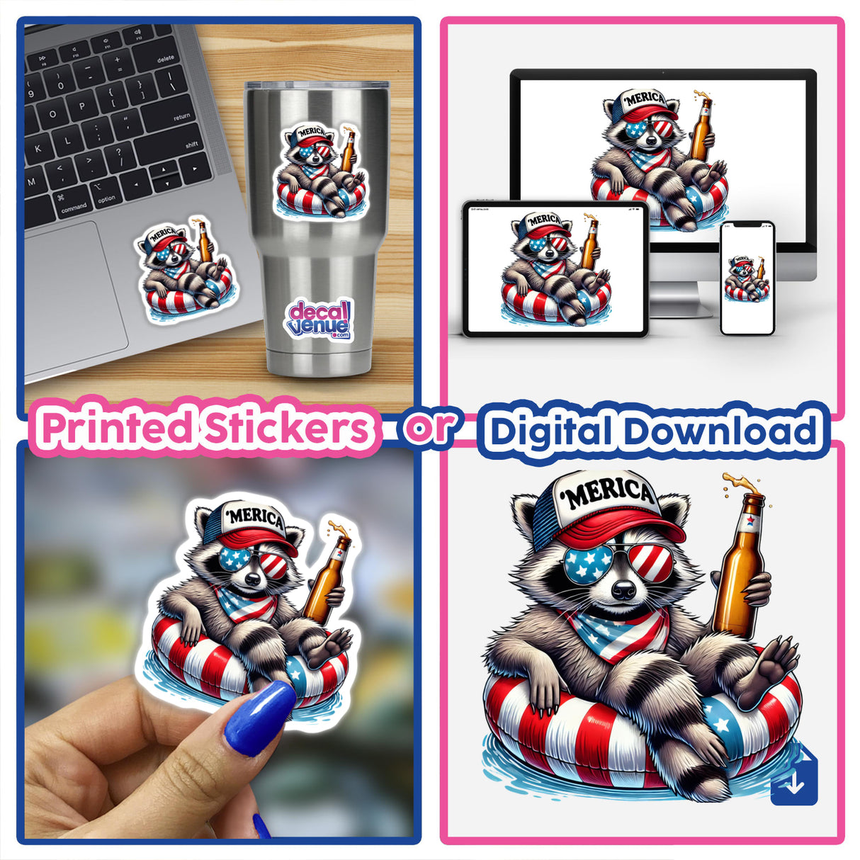 Raccoon American Flag Float Merica design featuring a raccoon in sunglasses and hat on a pool float, available as stickers and digital downloads from Decal Venue.