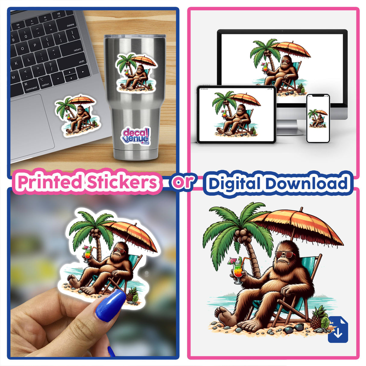 Sasquatch Chillin at Beach: Cartoon of a gorilla-like Sasquatch sitting on a chair with a tropical cocktail, ideal for stickers or digital art, perfect for adding humor to summer vibes.